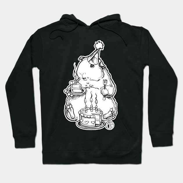 Happy Guinea Pig And Birthday Cake - White Outlined Version Hoodie by Nat Ewert Art